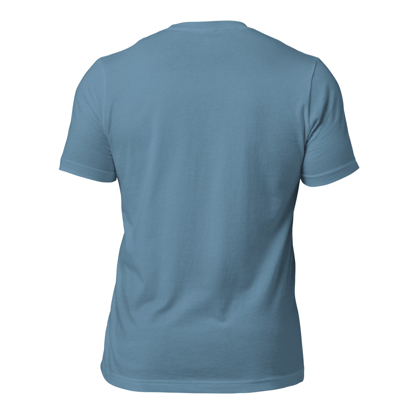 Wet Nose Woodworks logo t-shirt in Steel Blue, back view, alternate angle