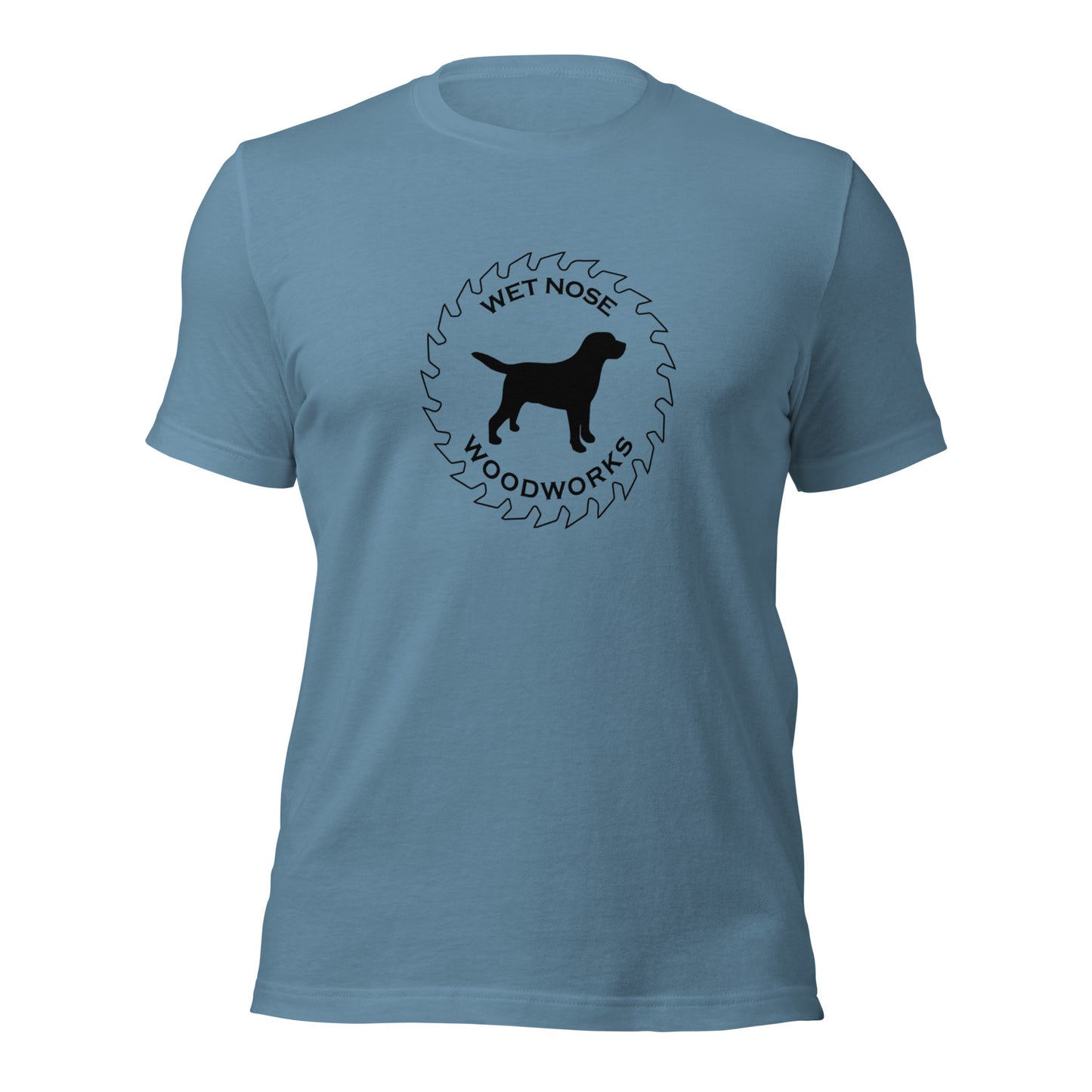 Wet Nose Woodworks logo t-shirt in Steel Blue, front view, alternate angle