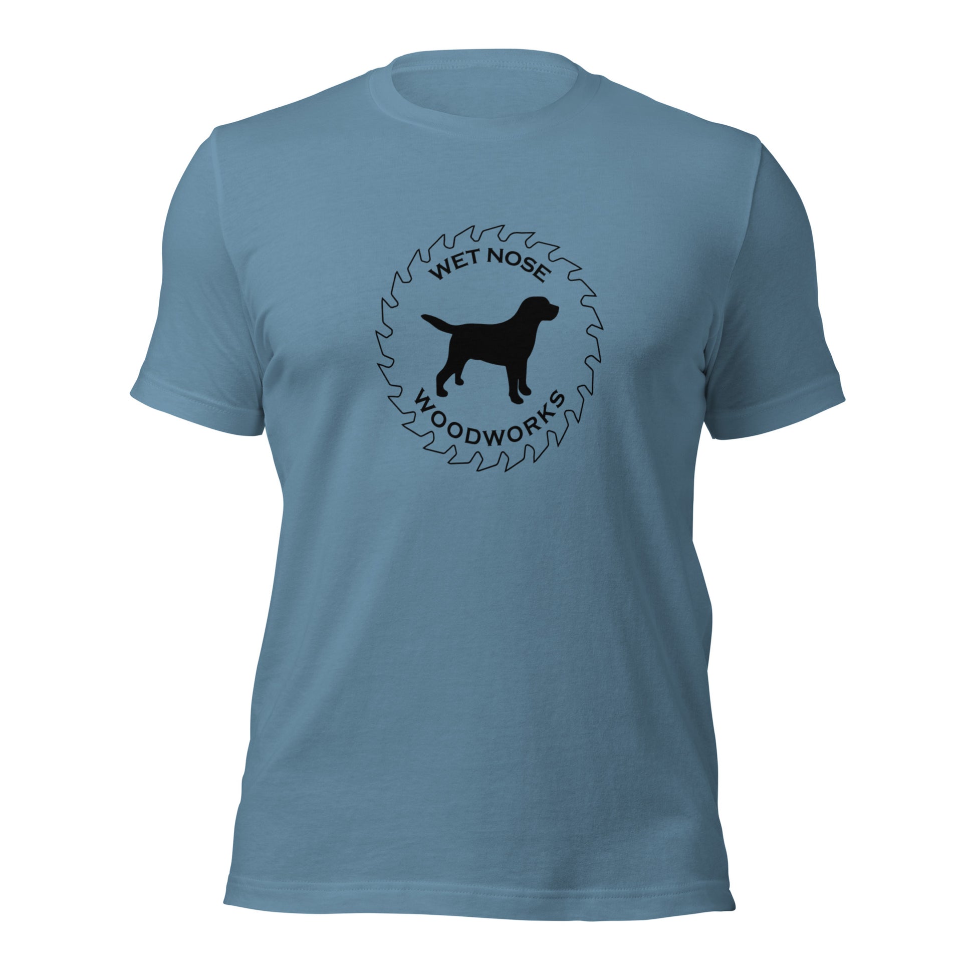 Wet Nose Woodworks logo t-shirt in Steel Blue, front view, alternate angle