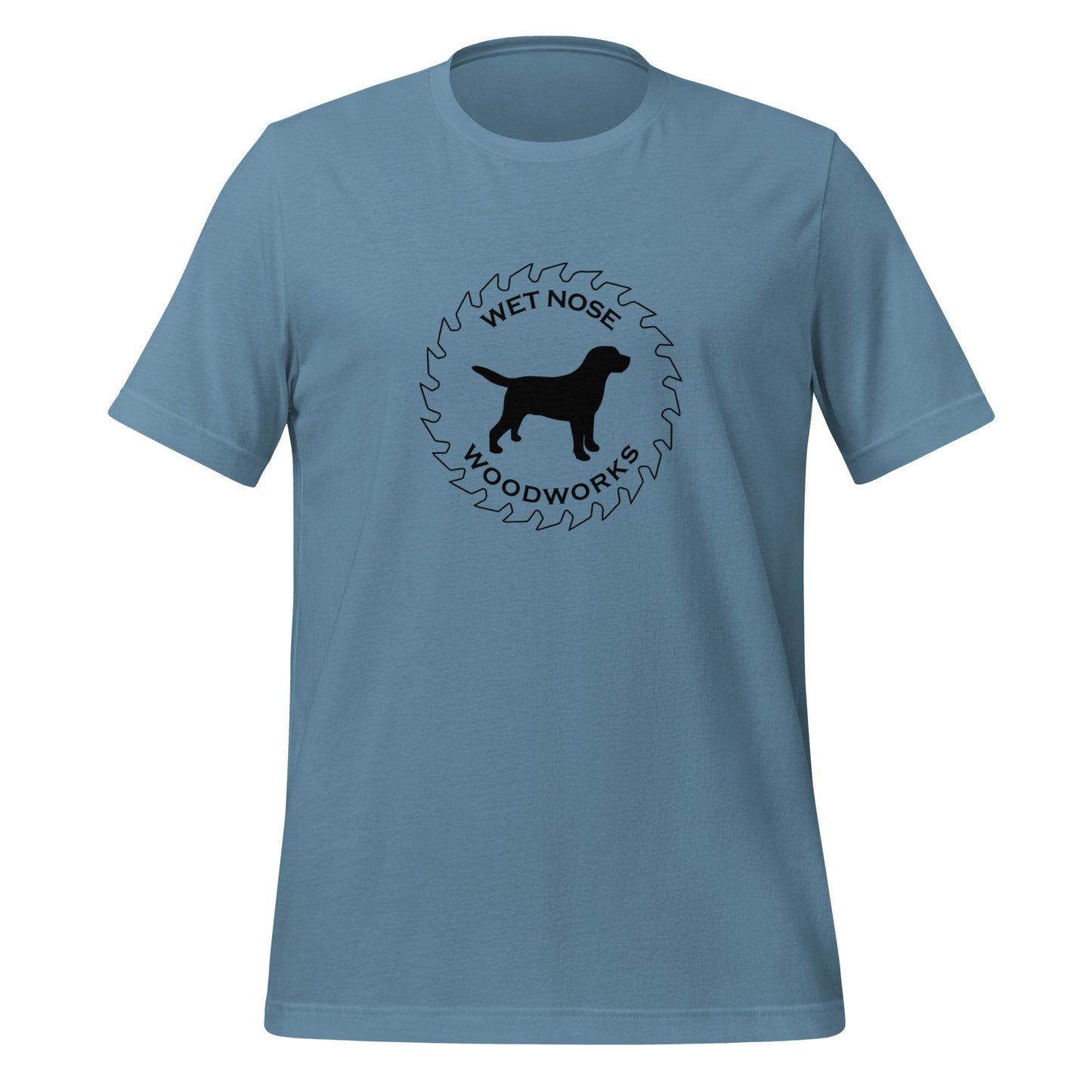 Wet Nose Woodworks logo t-shirt in Steel Blue, front view