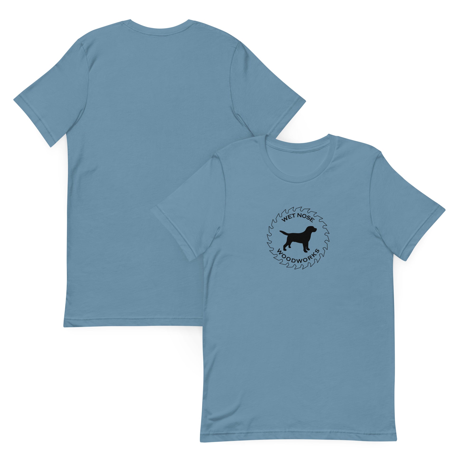 Wet Nose Woodworks logo t-shirt in Steel Blue, front and back view, alternate angle