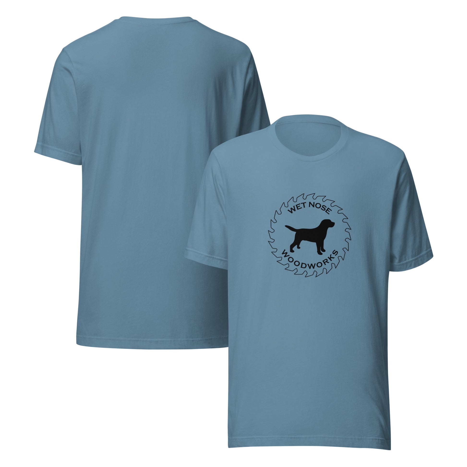 Wet Nose Woodworks logo t-shirt in Steel Blue, front and back view