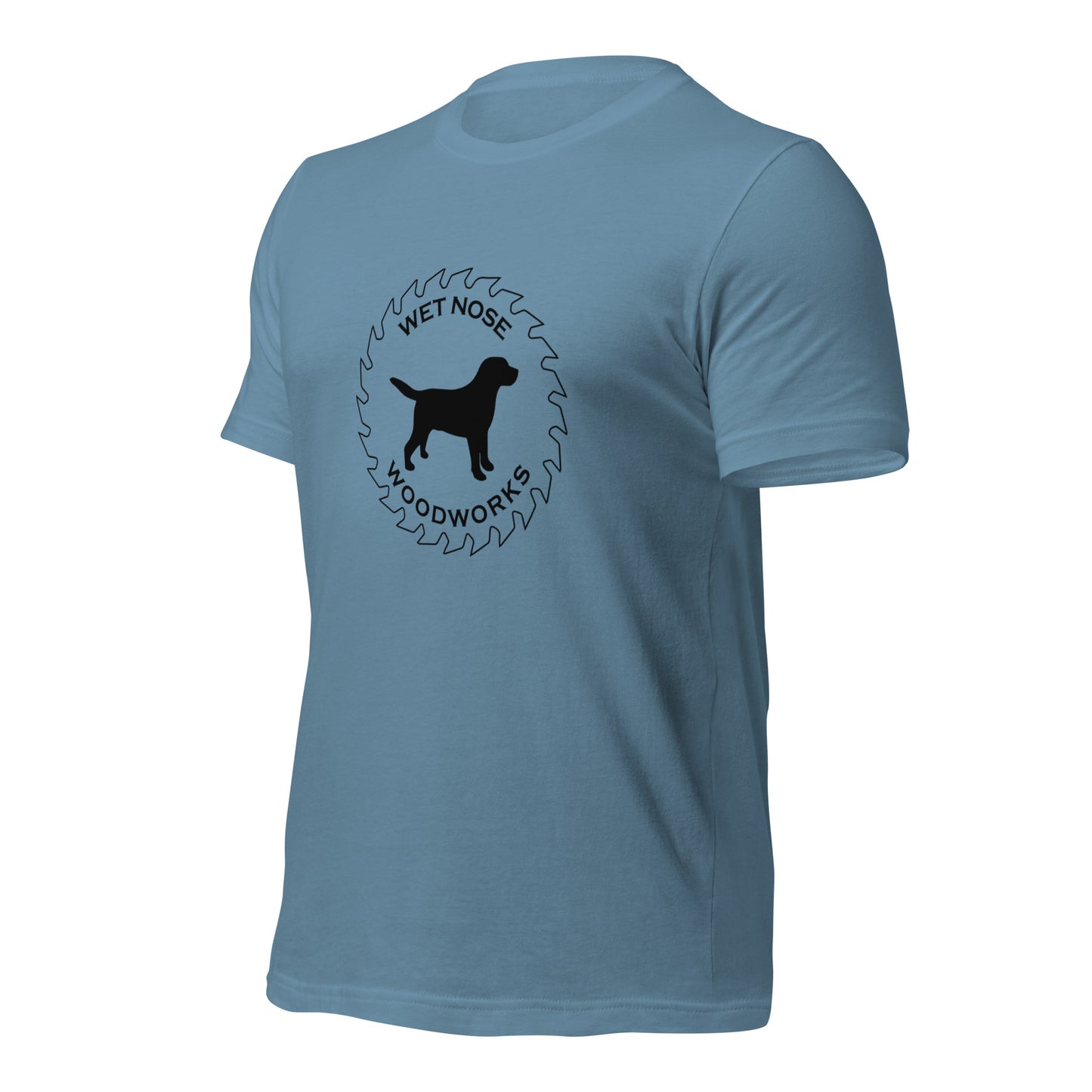 Wet Nose Woodworks logo t-shirt in Steel Blue, left front angle view
