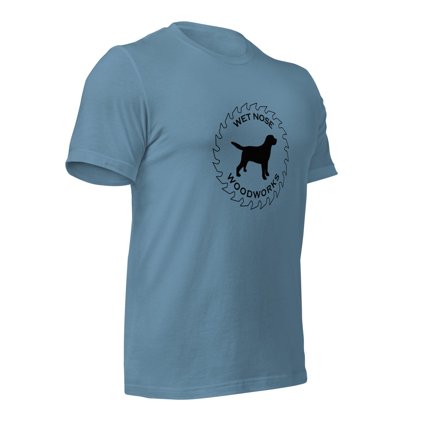 Wet Nose Woodworks logo t-shirt in Steel Blue, right front angle view
